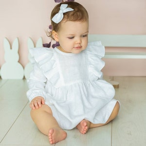 White flower girl dress, linen christening dress, baptism gown baby girl,girls ruffle dress, 1st birthday dress,white baptism dress toddler