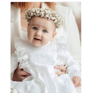 Linen baptism dress,rustic flower girl, long sleeve christening gown, baby white linen lace dress, ruffle lace linen. Blessing dress toddler
