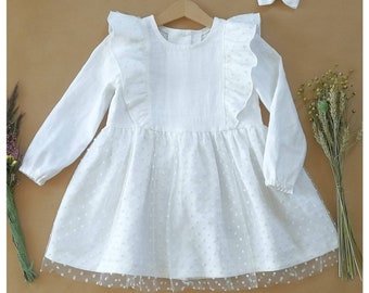 Baptism dress long sleeve, baby girl white linen dress, christening dress toddler girl, christening gown baby, tulle dress