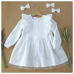 Vestido blanco de dos materiales con mangas para bebé niña Okaïdi