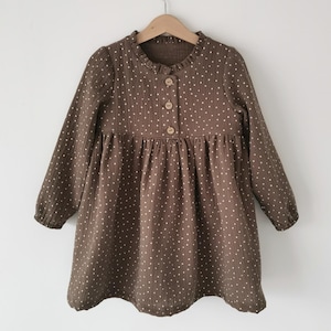 Girls polka dot brown dress long sleeve, muslin double gauze dress baby, organic cotton spring dress, toddler ruffle dress