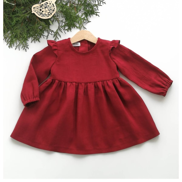 Tenue rouge linge bébé, robe fleur bordeaux fille, robe en lin rouille, robe en lin filles, robe d’automne tout-petit, robe à volants crème fille