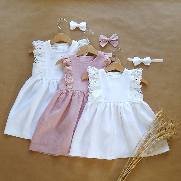 Linen christening dress, flower girl lace dress, white linen baby baptism dress, boho toddler dress, lace girl dress