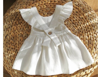 White flower girl dress, linen ruffle pinafore baby dress, girl's 1st birthday dress, white baptism dress toddler, baptism gown baby girl