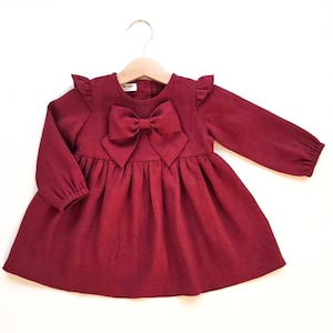 Linen red bow baby dress, deep red baby outfit, burgundy flower girl dress, toddler spring dress, Christmas girls dress, red linen dress