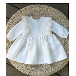 Long sleeve christening dress, lace flower girl dress, baby white linen dress, ruflled girl dress, baptism gown, toddler rustic boho dress