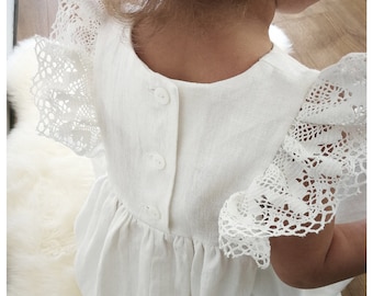 Christening dress, rustic flower girl dress, white linen baptism baby dress, boho toddler girl vintage dress, ruffle lace girl dress,