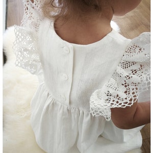 Rustic flower girl dress, christening dress, white linen baptism baby dress, boho toddler girl vintage dress, ruffle lace girl dress,