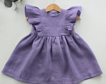 Lavendel linnen bloemenmeisje jurk, trouwjurk voor baby, eenvoudige jurk meisje, boho bloemenmeisje jurk, ruches jurk peuter boho jurk,