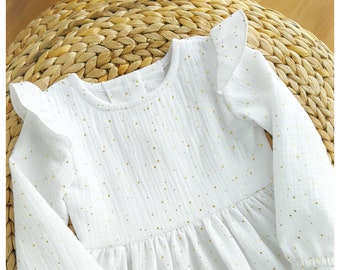 Simple baptism dress, long sleeve muslin cotton baby dress, 1st birthday outfit baby, warm white flower girl, toddler sparkle dress girl