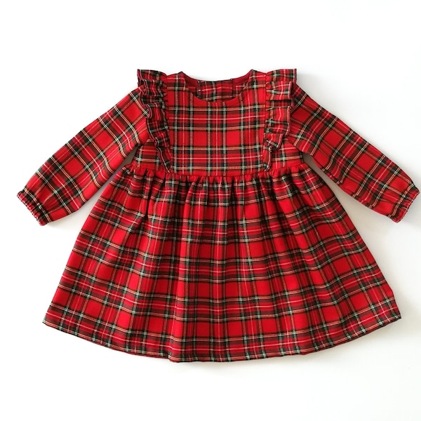 Robe de bébé à carreaux de Noël, robe de fille tartan rouge, robe à manches longues, robe à volants pour fille en bas âge, robe rassemblée, robe à carreaux vérifiée