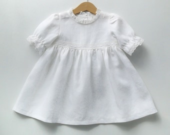 Linen Christening Gown, Rustic Lace Flower Girl Dress