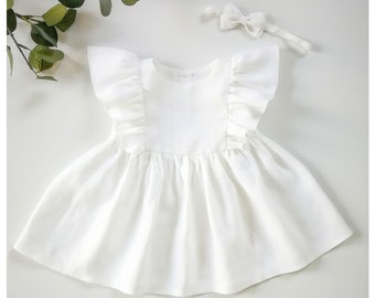 Robe de baptême en lin blanc, robe de fille à fleurs, robe à volants bébé, simple robe de bambin de baptême