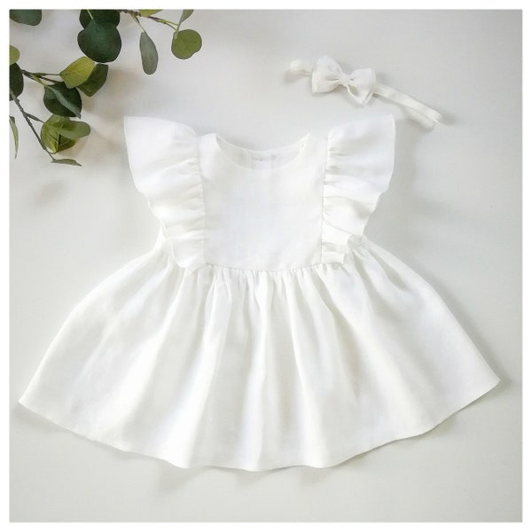 White linen baptism dress, flower girl dress, ruffle dress baby, simple christening toddler dress