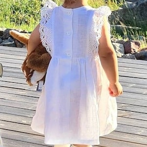 Rustic flower girl dress, christening dress, white linen baptism baby dress, boho toddler girl vintage dress, ruffle lace girl dress,