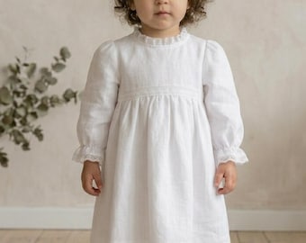 Linen Baptism Dress, Rustic Flower Girl, Long Sleeve Christening Gown, White Lace Toddler