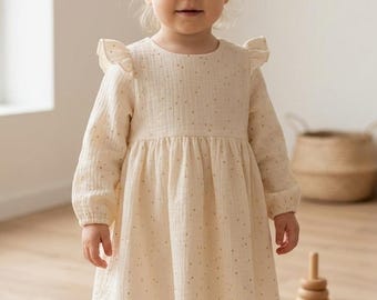 Girls Muslin Cotton Dress, Long Sleeve, Golden Dots, Baptism Christening Toddler White Burgundy