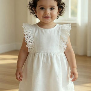 White Linen Christening Dress, Rustic Boho Flower Girl, Ruffle Lace Toddler Baptism Gown