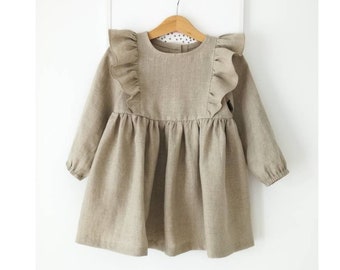 Neutral Linen Flower Girl Dress, Ruffle Detail, Long Sleeve
