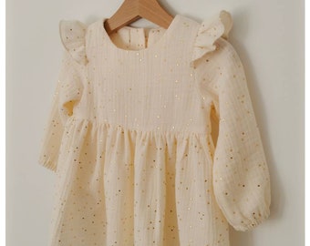 Ivory Muslin Flower Girl Dress, Long Sleeve Cotton Christening Gown