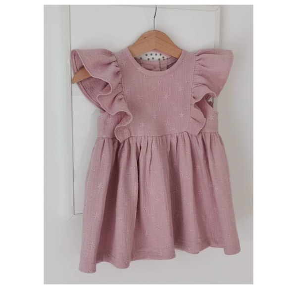 Robe en coton rose poudré pour fille, robe double gaze, robe bébé brodée, bouquetière bohème, bouquetière rustique, robe d'été bébé