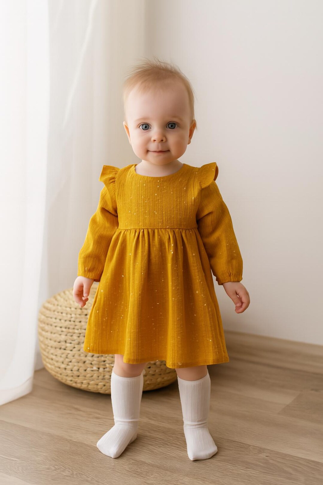Robe jaune bébé fille, robe brillante moutarde à manches longues