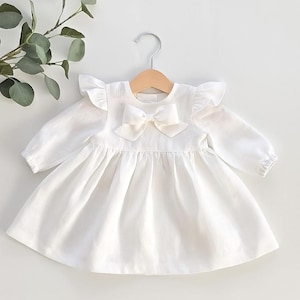 Linen baptism dress,rustic flower girl, long sleeve christening gown, baby white linen lace dress, ruffle lace linen. Blessing dress toddler