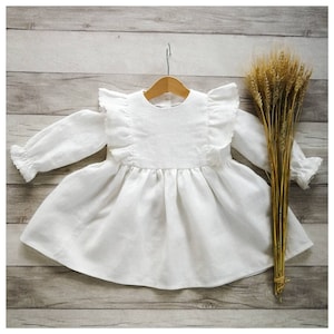 Linen baptism dress, white linen lace dress, long sleeve christening gown, ruffle flower girl dress. Blessing dress toddler