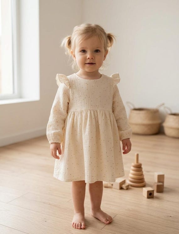 cream colored toddler dress Girls Muslin Cotton Dress, Long Sleeve, Golden Dots, Baptism Christening Toddler White Burgundy