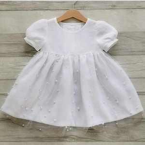 Linen baptism dress,rustic flower girl, pearls tulle christening gown, baby white linen tulle dress. Blessing dress toddler