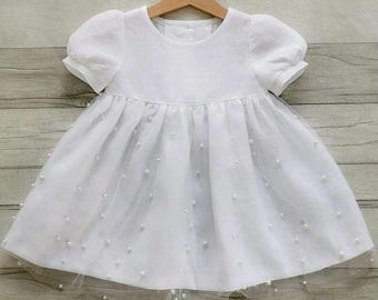 Linen baptism dress,rustic flower girl, pearls tulle christening gown, baby white linen tulle dress. Blessing dress toddler