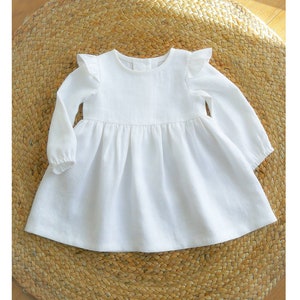 Linen baptism dress baby,rustic flower girl, long sleeve christening gown, baby white linen ruffled dress Blessing dress toddler