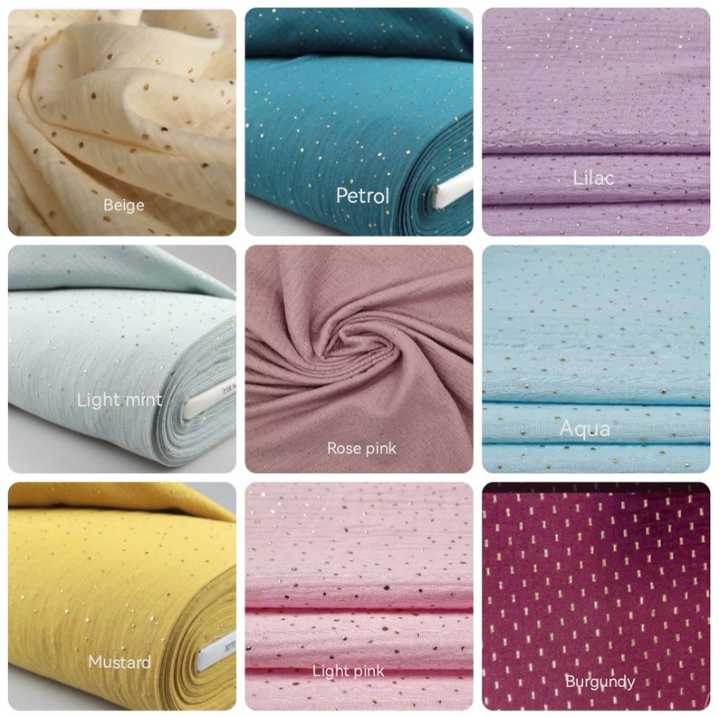 May include: A collection of fabric swatches in various colors, including beige, petrol, lilac, light mint, rose pink, aqua, mustard, light pink, and burgundy. Each fabric has a textured surface with small, gold-colored dots.