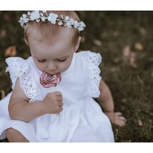 Rustic flower girl dress, christening dress, white linen baptism baby dress, boho toddler girl vintage dress, ruffle lace girl dress, image 6