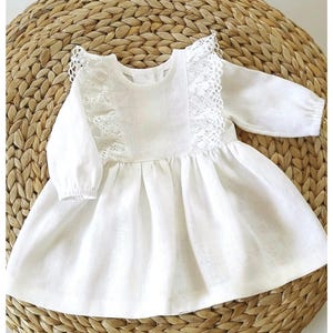 Christening linen dress,rustic flower girl, long sleeve baptism gown, baby white linen lace dress, ruffle lace linen. Blessing dress toddler