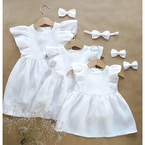 White linen christening dress, simple baptism dress girl, boho flower girl dress, ruffle dress toddler boho dress, baptism gown