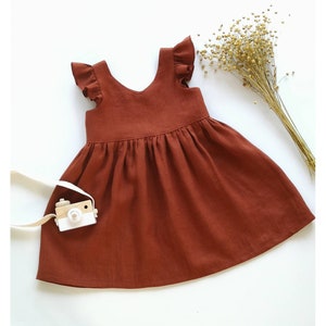 Flower girl boho dress, rust linen dress, girl&#39;s wedding dress, ruffle toddler dress, simple summer sundress, burnt orange dress christmas