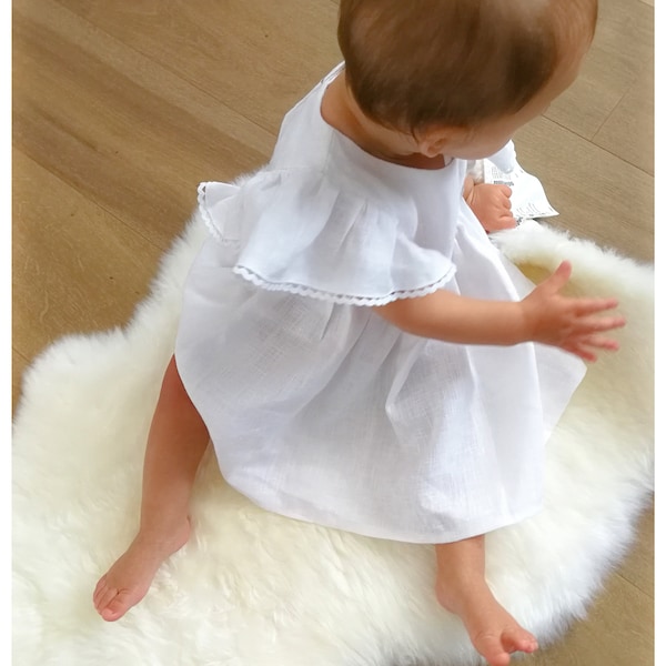 Simple flower girl dress, linen white christening dress girl, baptism dress toddler, birthday dress,baby ruffle dress vintage pinafore dress