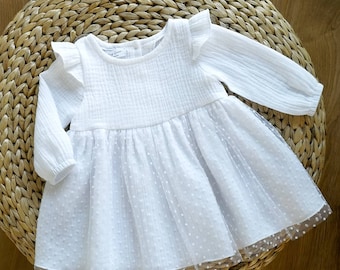 Robe de baptême simple, robe pour bébé à manches longues en mousseline de coton, tenue pour le 1er anniversaire de bébé, demoiselle d'honneur blanc chaud, robe scintillante pour tout-petit