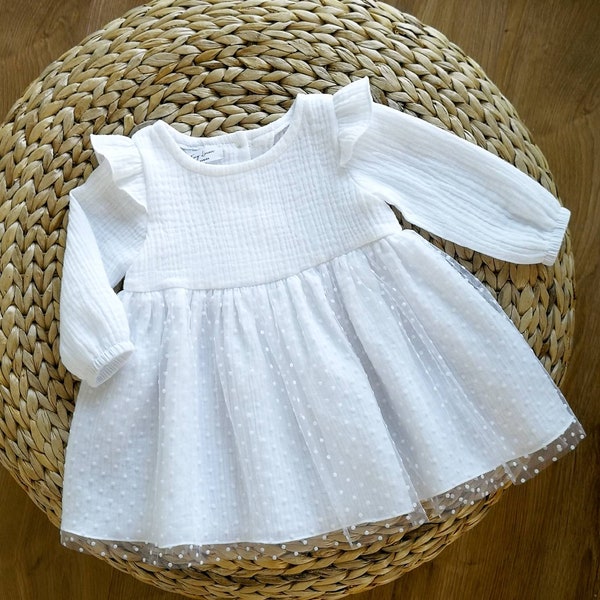 Schlichtes Taufkleid langarm Baumwolle Babykleid, 1. Geburtstag Outfit Baby, warmes weißes Blumenmädchen, Kleinkind Kleid Mädchen