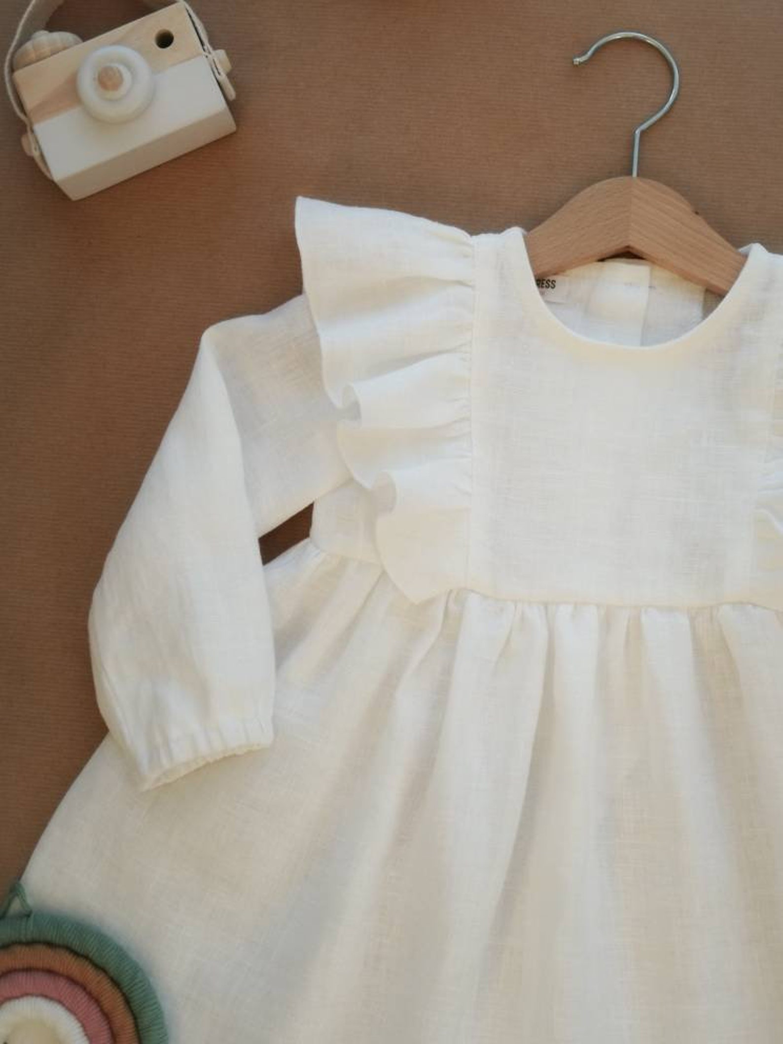 Long Sleeve Linen Christening Dress Baby Flower Girl Dress Etsy
