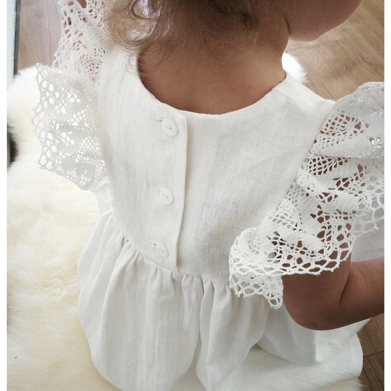 Rustic flower girl dress, christening dress, white linen baptism baby dress, boho toddler girl vintage dress, ruffle lace girl dress, image 1