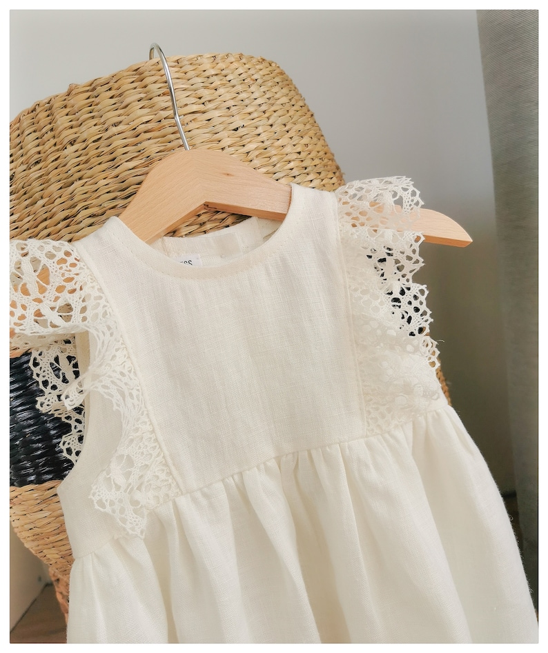 Rustic flower girl dress, christening dress, white linen baptism baby dress, boho toddler girl vintage dress, ruffle lace girl dress, image 7