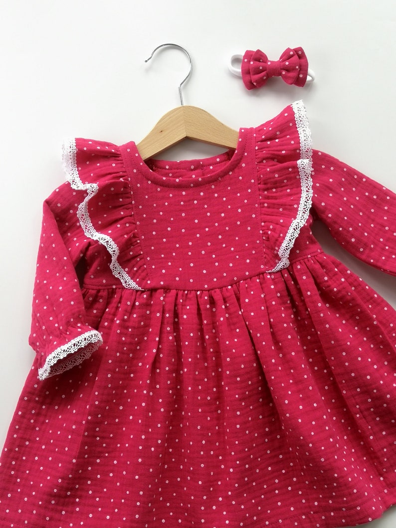 Roze jurk babymeisje, eerste verjaardag lange mouw jurk peuter, dubbele gaas mousseline stippen jurk, roest bloemenmeisje jurk, fuchsia kleur jurk afbeelding 4