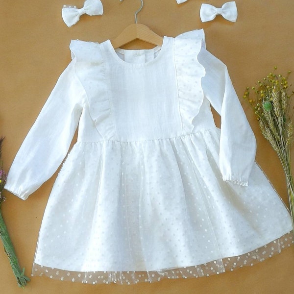 Snow white christening dress long sleeve, baptism dress girl 2t, christening gown baby, white linen dress toddler