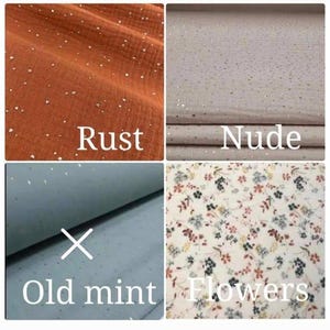 May include: Four fabric swatches are displayed. The top left swatch is rust-colored with small, scattered silver dots. The top right swatch is nude-colored with similar silver dots. The bottom right swatch features a floral pattern. The bottom left swatch is old mint, with an X over it.