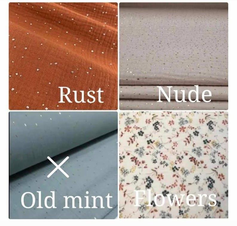 May include: Four fabric swatches are displayed. The top left swatch is rust-colored with small, scattered silver dots. The top right swatch is nude-colored with similar silver dots. The bottom right swatch features a floral pattern. The bottom left swatch is old mint, with an X over it.