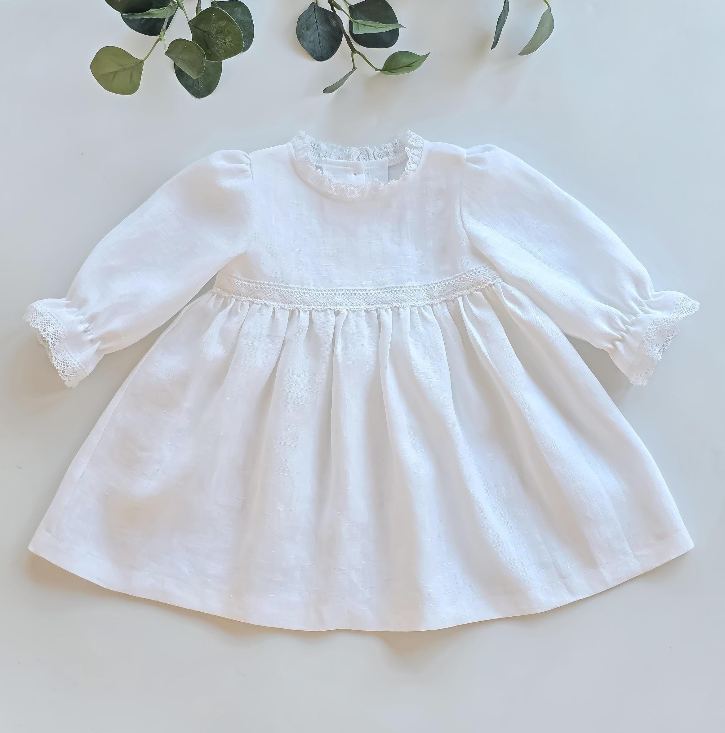 Linen baptism dress,rustic flower girl, long sleeve christening gown, baby white linen lace dress, ruffle lace linen. Blessing dress toddler