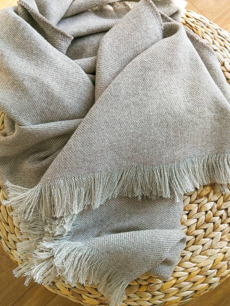 Wool Linen Blanket in a Herringbone Pattern Beige Fringed - Etsy