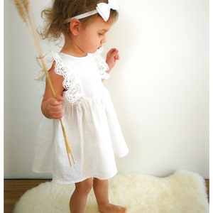 Rustic flower girl dress, christening dress, white linen baptism baby dress, boho toddler girl vintage dress, ruffle lace girl dress, image 3